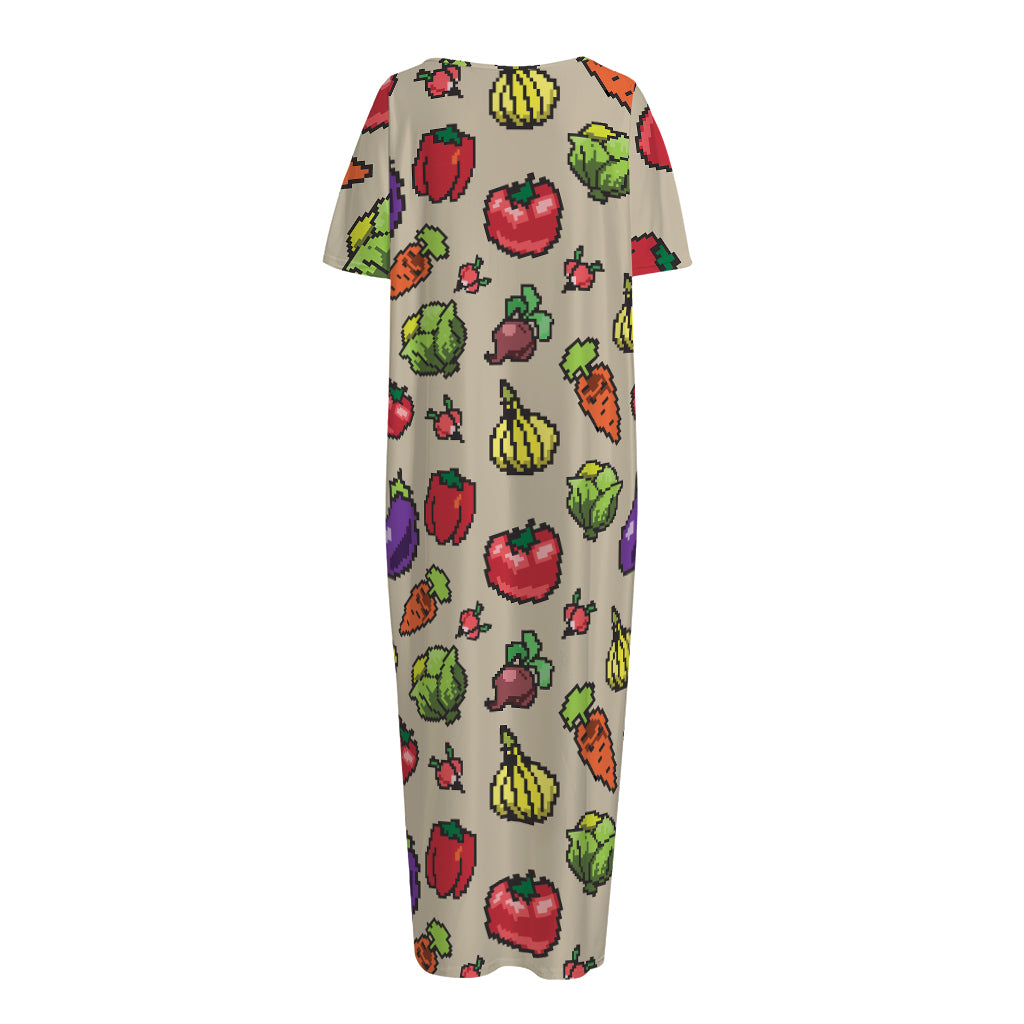 Pixel Vegetables Pattern Print Short Sleeve Long Nightdress