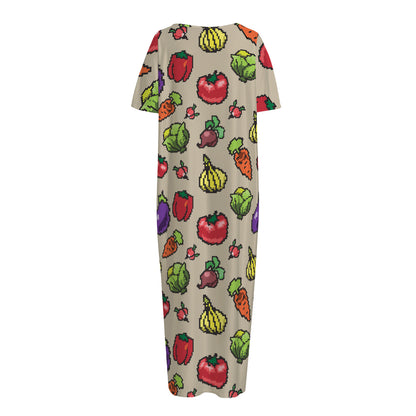 Pixel Vegetables Pattern Print Short Sleeve Long Nightdress