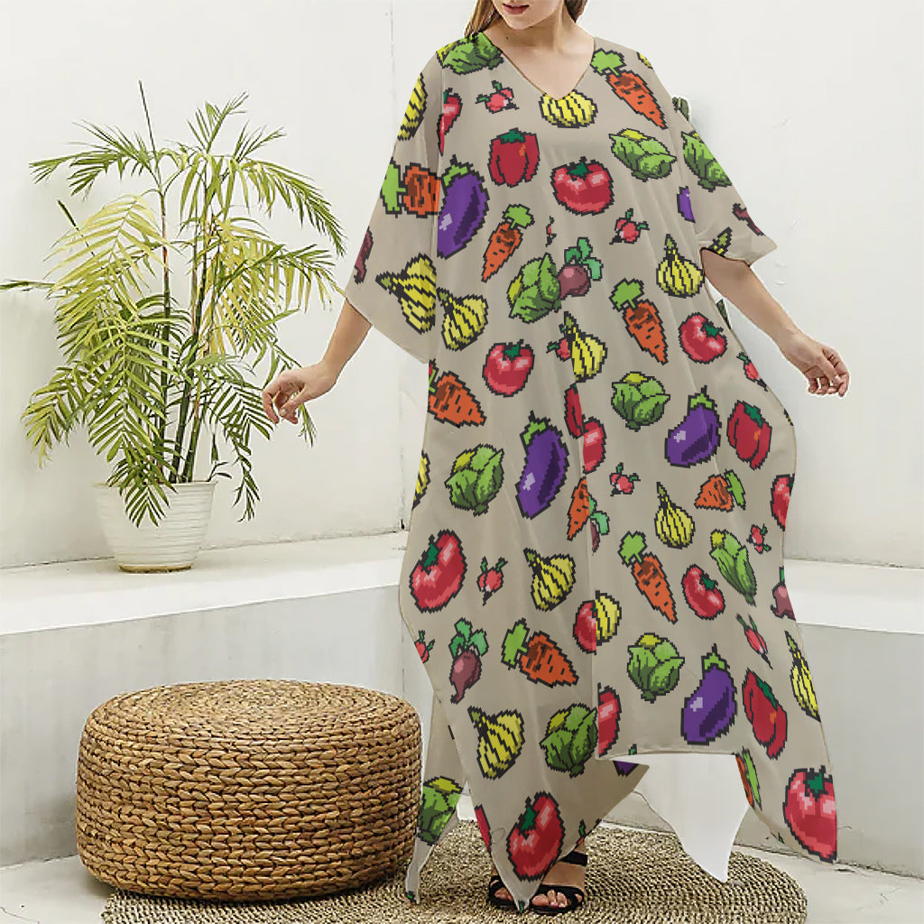 Pixel Vegetables Pattern Print Silk V-Neck Kaftan Dress