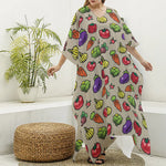 Pixel Vegetables Pattern Print Silk V-Neck Kaftan Dress