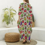Pixel Vegetables Pattern Print Silk V-Neck Kaftan Dress