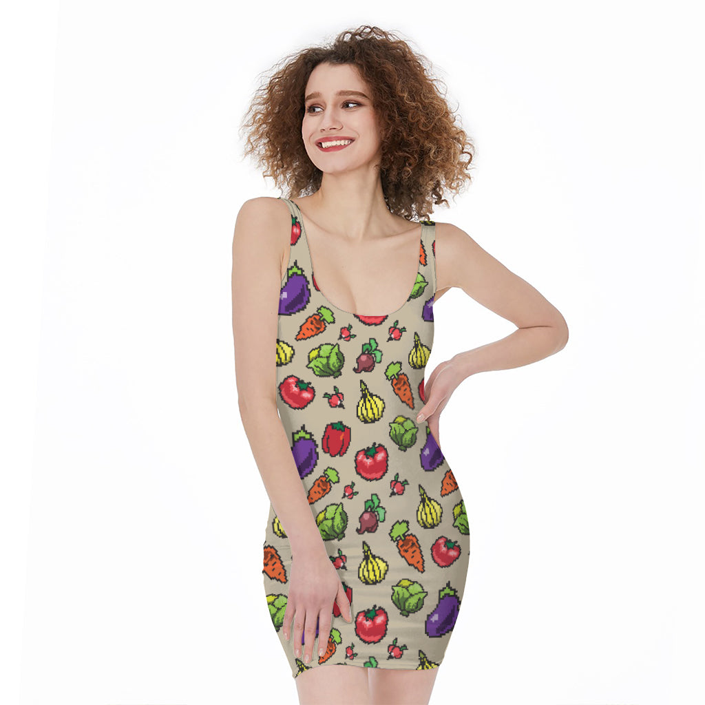 Pixel Vegetables Pattern Print Sleeveless Bodycon Dress