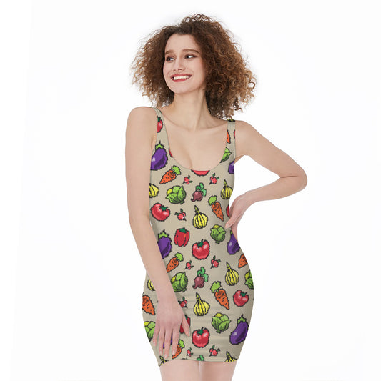 Pixel Vegetables Pattern Print Sleeveless Bodycon Dress