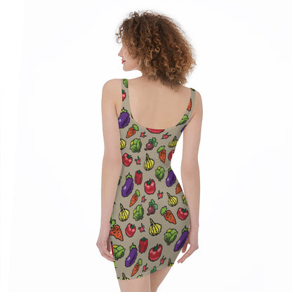 Pixel Vegetables Pattern Print Sleeveless Bodycon Dress