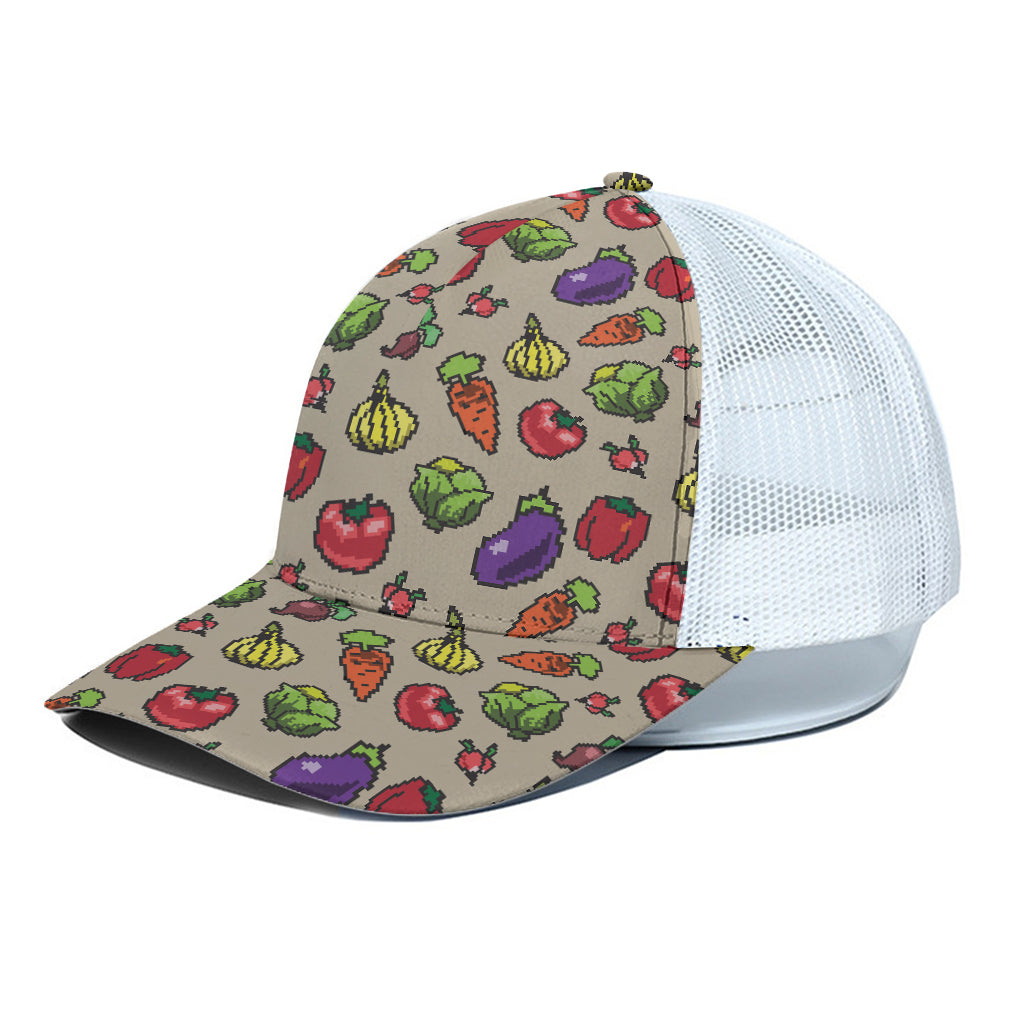 Pixel Vegetables Pattern Print White Mesh Trucker Cap