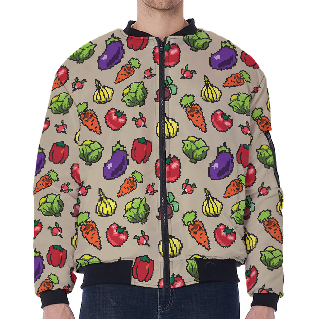 Pixel Vegetables Pattern Print Zip Sleeve Bomber Jacket