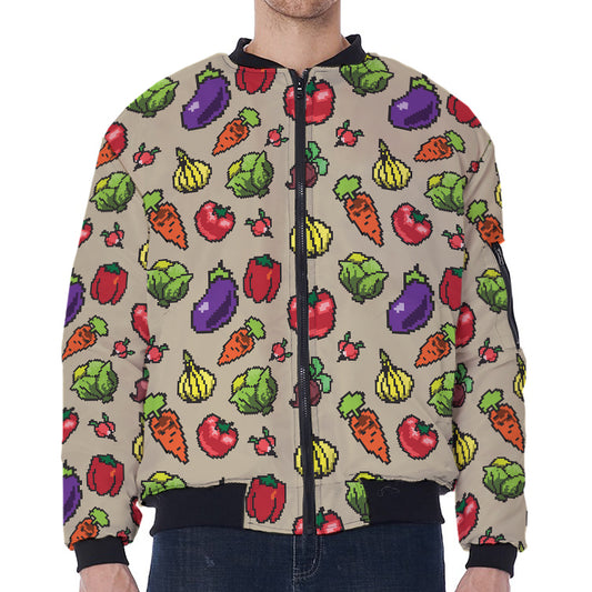 Pixel Vegetables Pattern Print Zip Sleeve Bomber Jacket