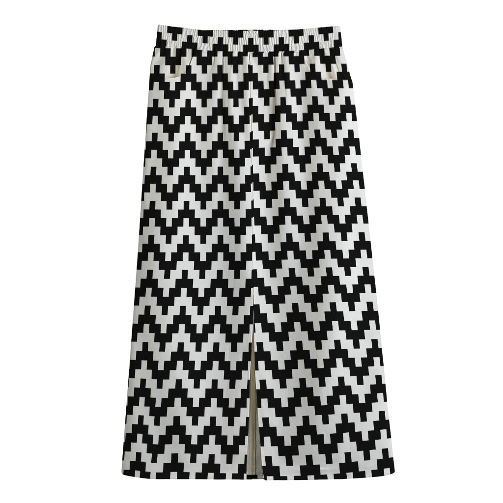 Pixel Zigzag Pattern Print Cotton Front Slit Maxi Skirt