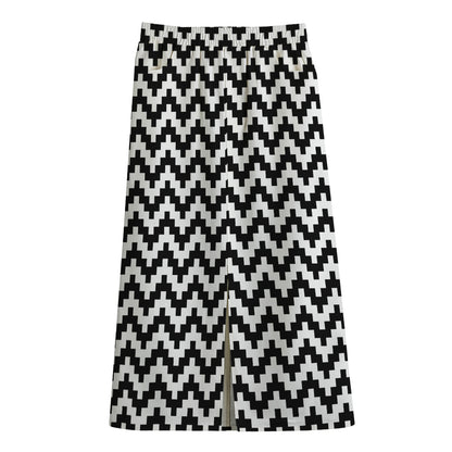 Pixel Zigzag Pattern Print Cotton Front Slit Maxi Skirt