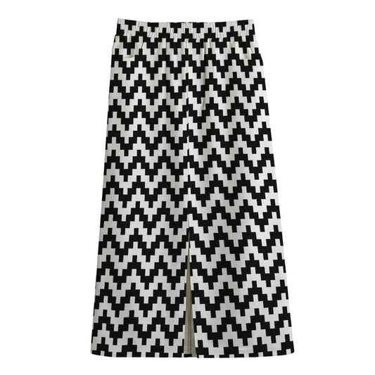 Pixel Zigzag Pattern Print Cotton Front Slit Maxi Skirt