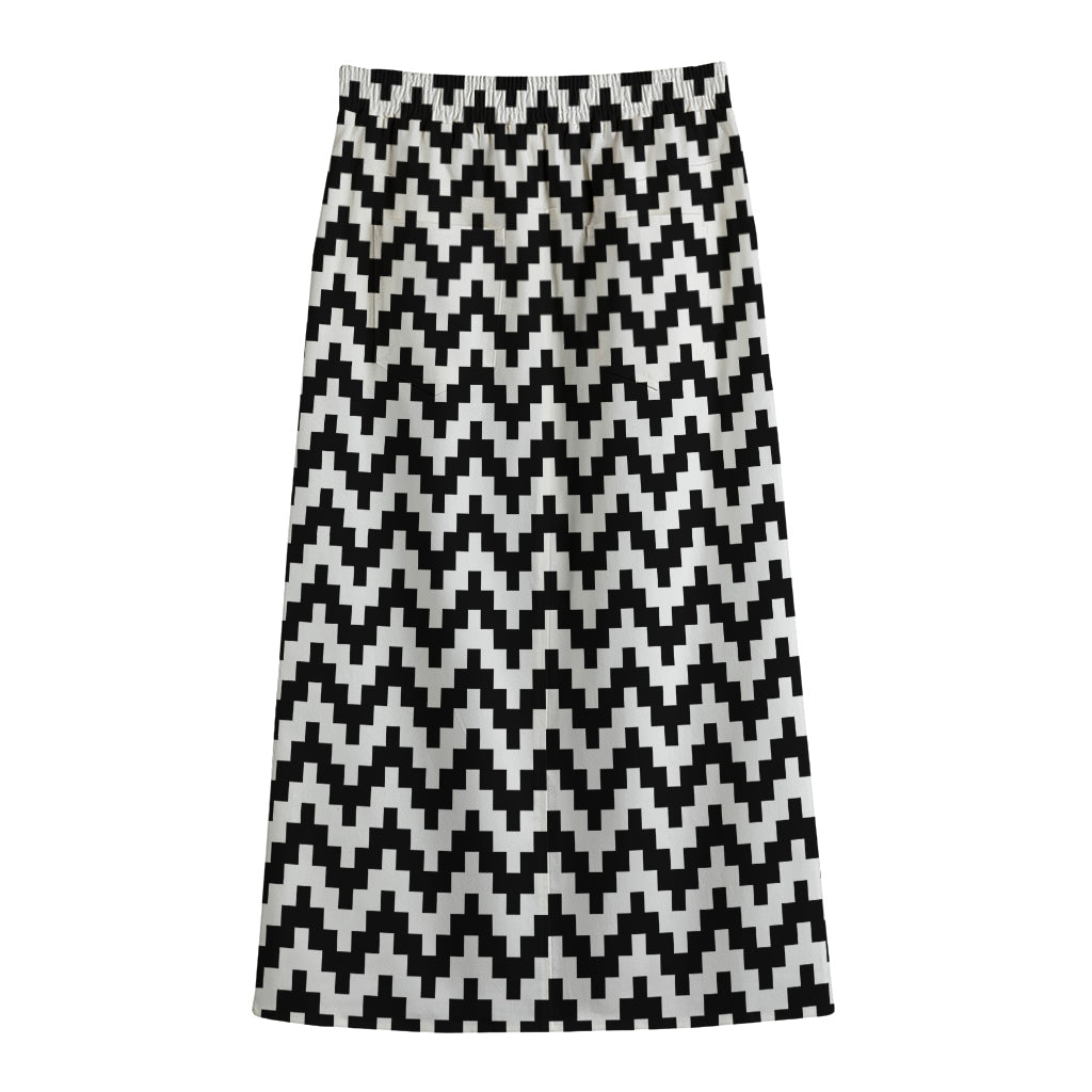 Pixel Zigzag Pattern Print Cotton Front Slit Maxi Skirt