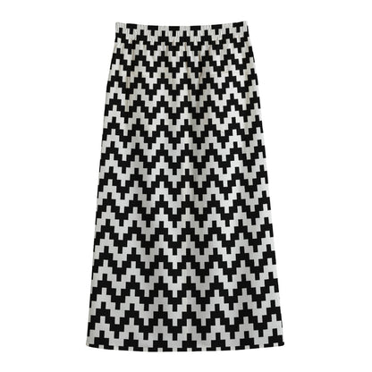Pixel Zigzag Pattern Print Cotton Front Slit Maxi Skirt