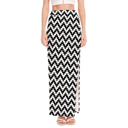 Pixel Zigzag Pattern Print High Slit Maxi Skirt