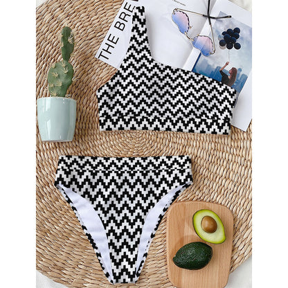 Pixel Zigzag Pattern Print One Shoulder Bikini Top