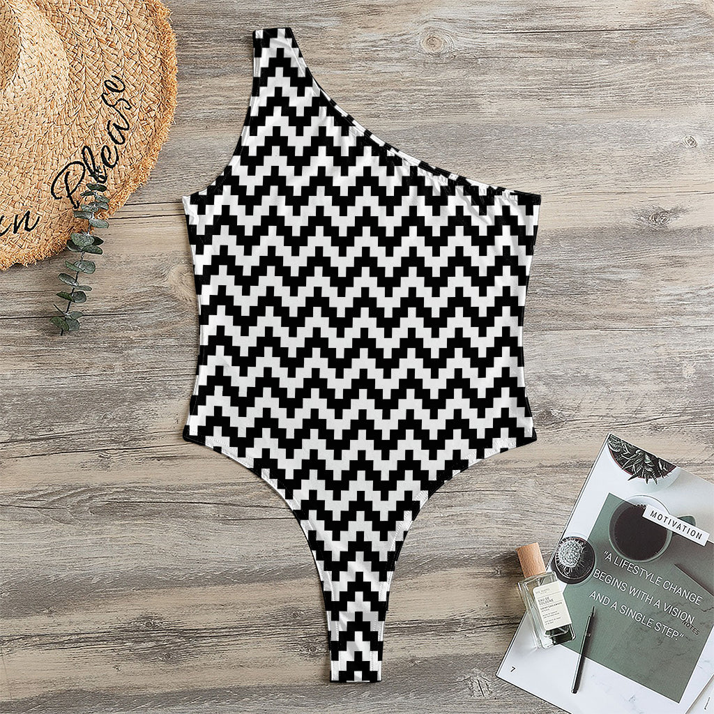 Pixel Zigzag Pattern Print One Shoulder Bodysuit