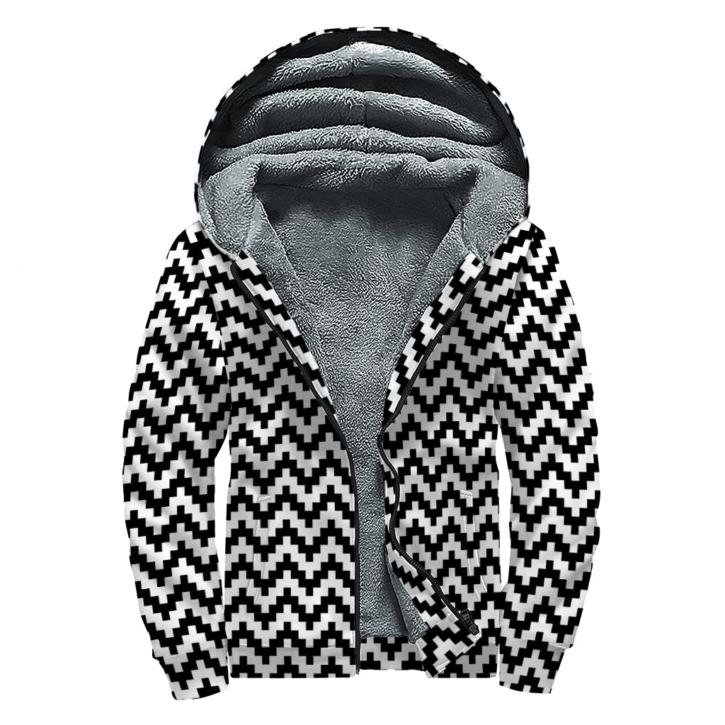 Pixel Zigzag Pattern Print Sherpa Lined Zip Up Hoodie
