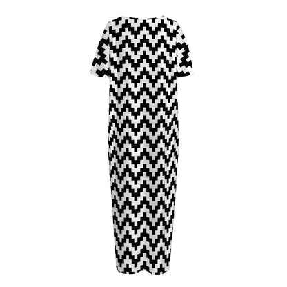 Pixel Zigzag Pattern Print Short Sleeve Long Nightdress