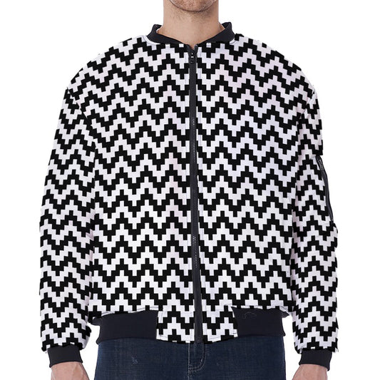 Pixel Zigzag Pattern Print Zip Sleeve Bomber Jacket