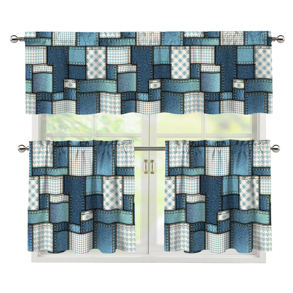 Plaid And Denim Patchwork Pattern Print 3 Piece Kitchen Curtains