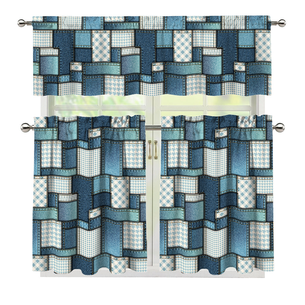 Plaid And Denim Patchwork Pattern Print 3 Piece Kitchen Curtains
