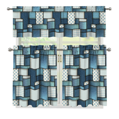 Plaid And Denim Patchwork Pattern Print 3 Piece Kitchen Curtains