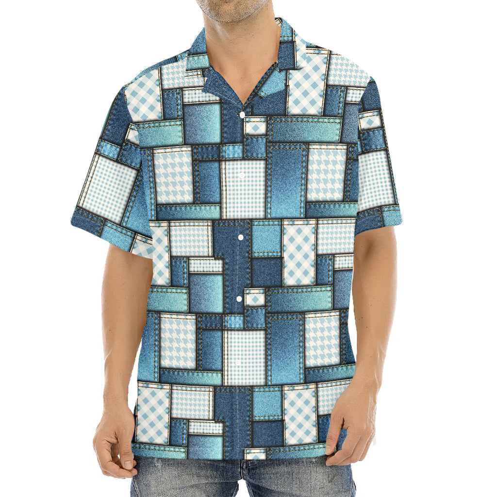 Plaid And Denim Patchwork Pattern Print Aloha Shirt