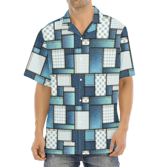 Plaid And Denim Patchwork Pattern Print Aloha Shirt