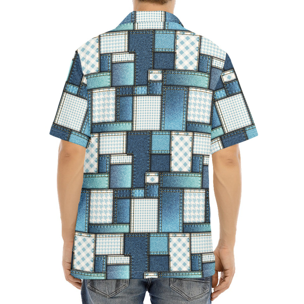 Plaid And Denim Patchwork Pattern Print Aloha Shirt