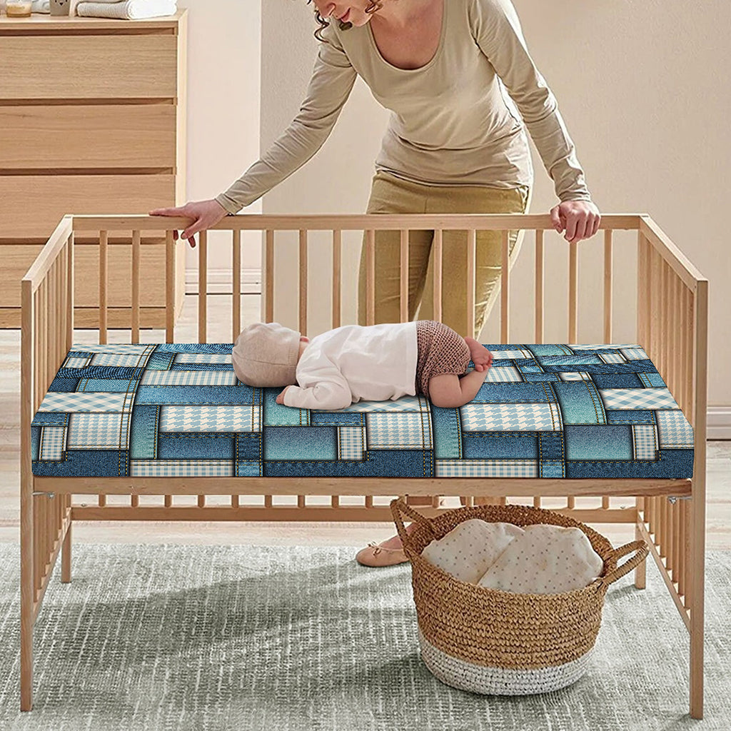 Plaid And Denim Patchwork Pattern Print Baby Crib Sheet