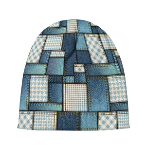 Plaid And Denim Patchwork Pattern Print Beanie