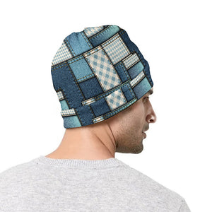 Plaid And Denim Patchwork Pattern Print Beanie