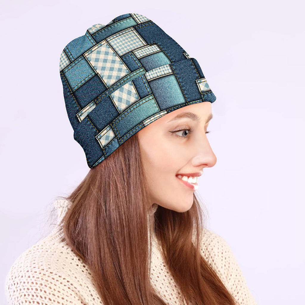 Plaid And Denim Patchwork Pattern Print Beanie