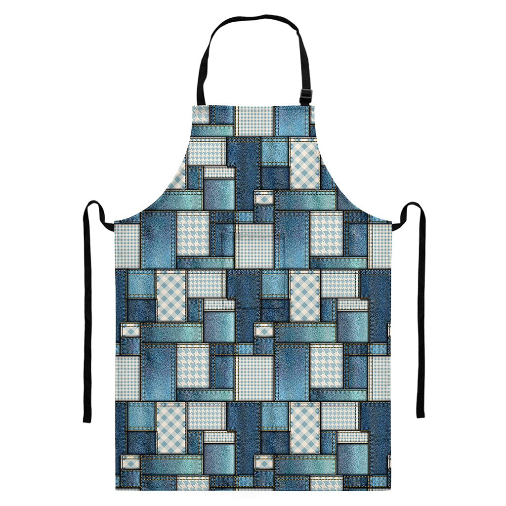 Plaid And Denim Patchwork Pattern Print Bib Apron With Pocket