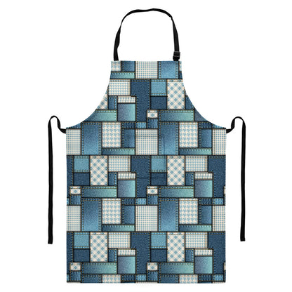 Plaid And Denim Patchwork Pattern Print Bib Apron With Pocket