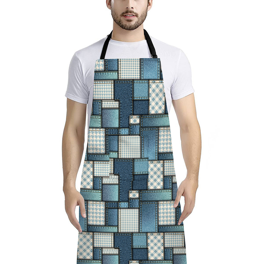Plaid And Denim Patchwork Pattern Print Bib Apron With Pocket