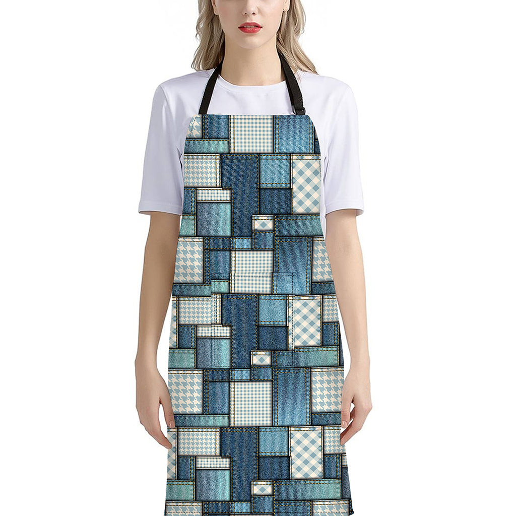 Plaid And Denim Patchwork Pattern Print Bib Apron With Pocket