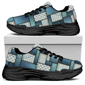 Plaid And Denim Patchwork Pattern Print Black Chunky Shoes