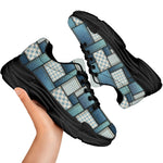 Plaid And Denim Patchwork Pattern Print Black Chunky Shoes