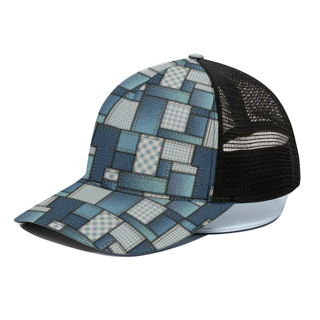 Plaid And Denim Patchwork Pattern Print Black Mesh Trucker Cap