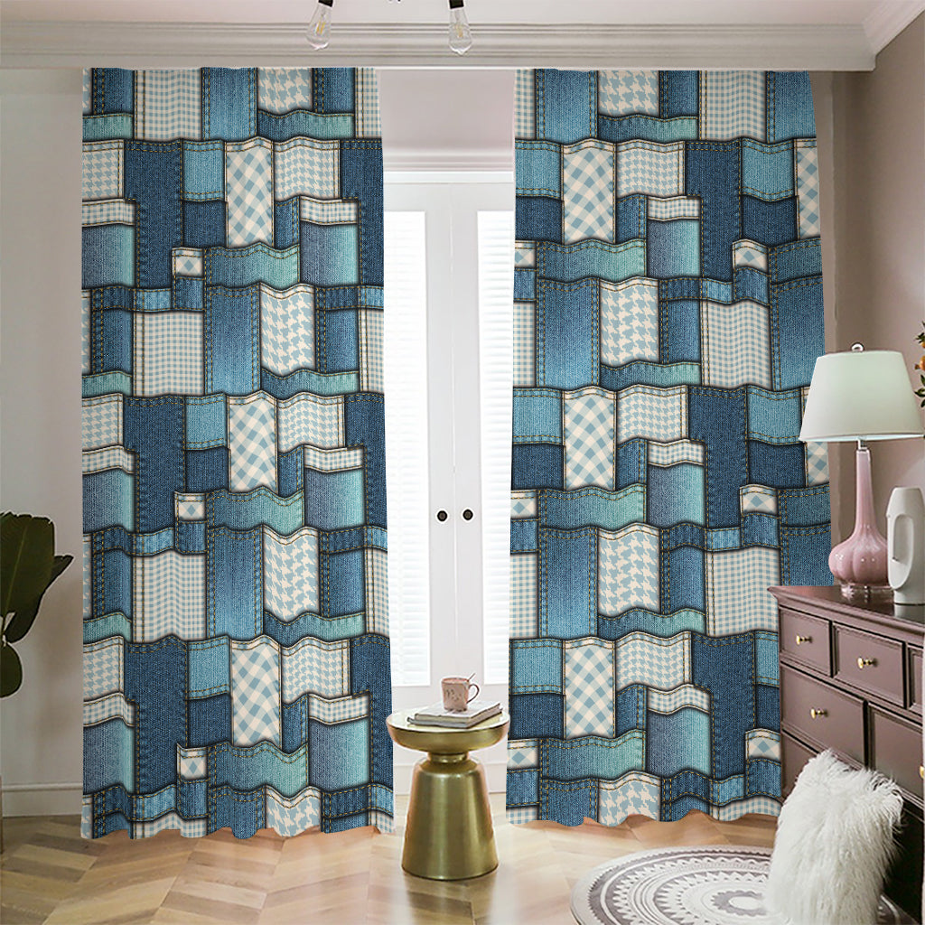 Plaid And Denim Patchwork Pattern Print Blackout Pencil Pleat Curtains