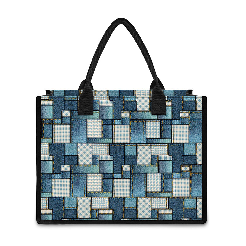 Plaid And Denim Patchwork Pattern Print Canvas Tote Bag
