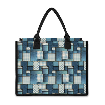 Plaid And Denim Patchwork Pattern Print Canvas Tote Bag