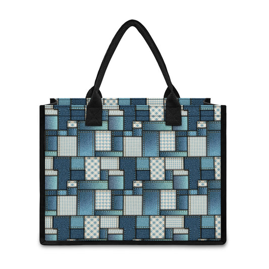Plaid And Denim Patchwork Pattern Print Canvas Tote Bag