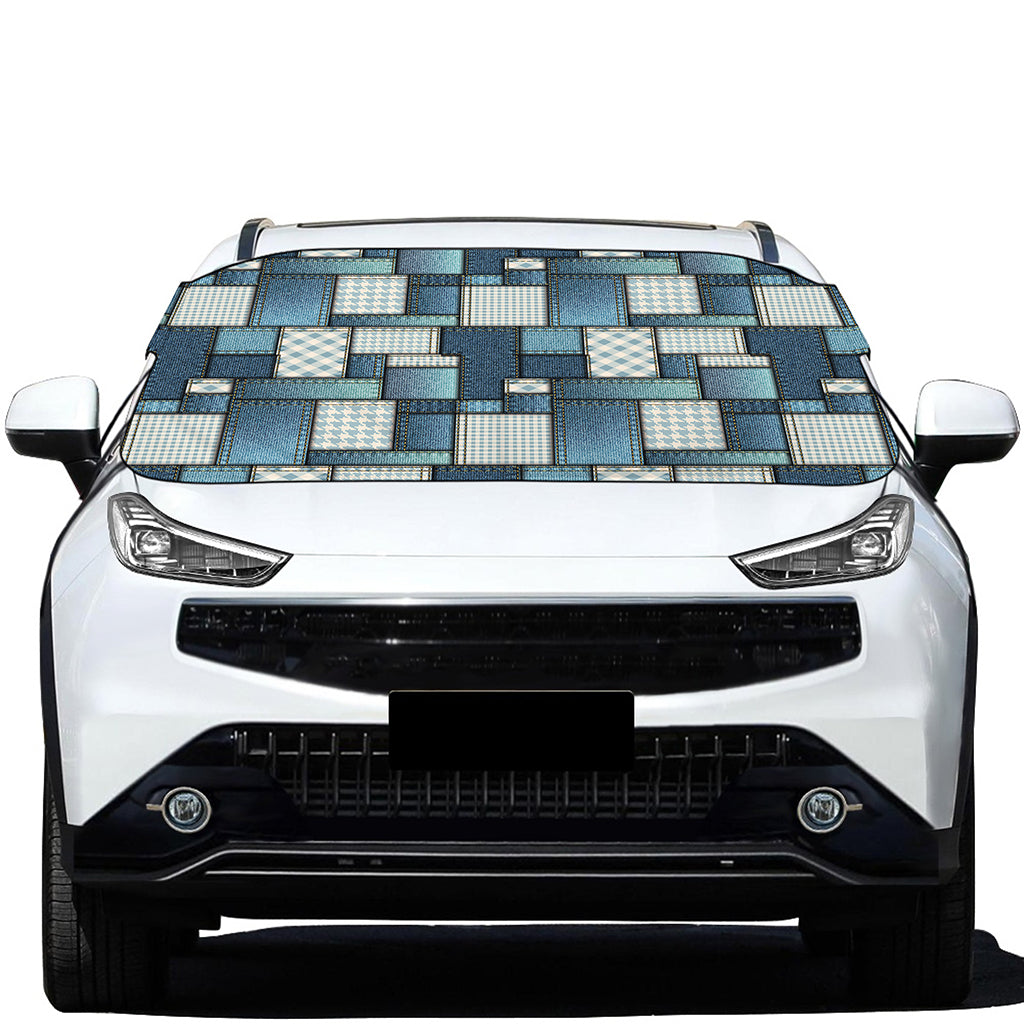 Plaid And Denim Patchwork Pattern Print Car Windshield Snow Cover