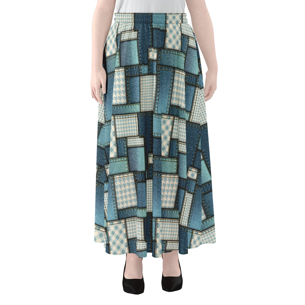Plaid And Denim Patchwork Pattern Print Chiffon Maxi Skirt