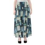 Plaid And Denim Patchwork Pattern Print Chiffon Maxi Skirt