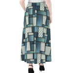 Plaid And Denim Patchwork Pattern Print Chiffon Maxi Skirt