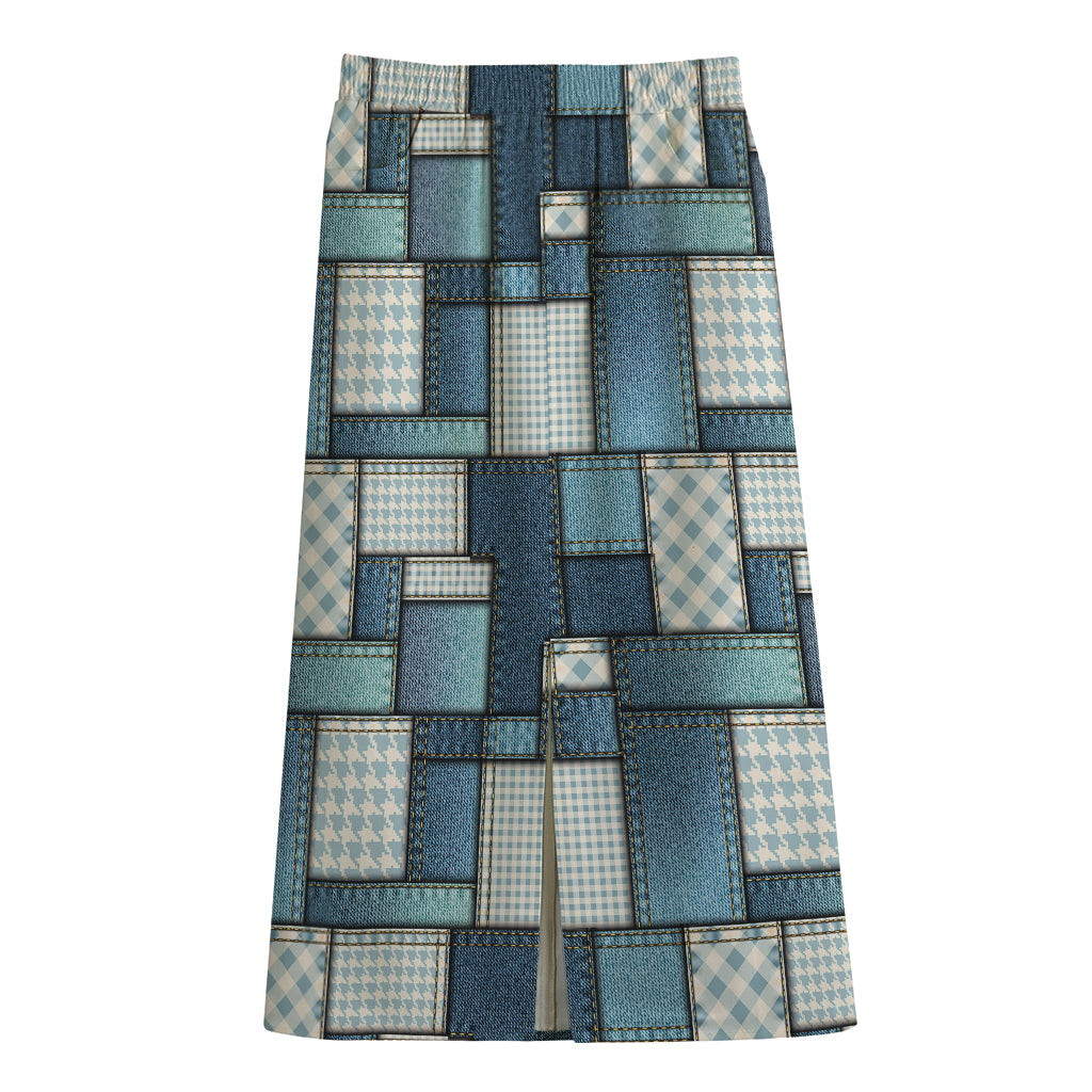 Plaid And Denim Patchwork Pattern Print Cotton Front Slit Maxi Skirt