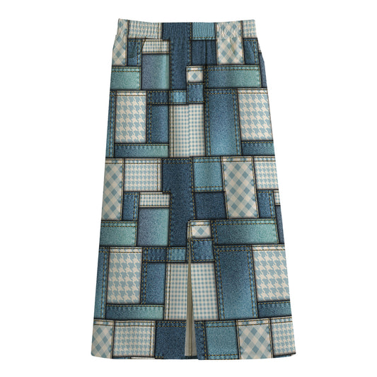 Plaid And Denim Patchwork Pattern Print Cotton Front Slit Maxi Skirt