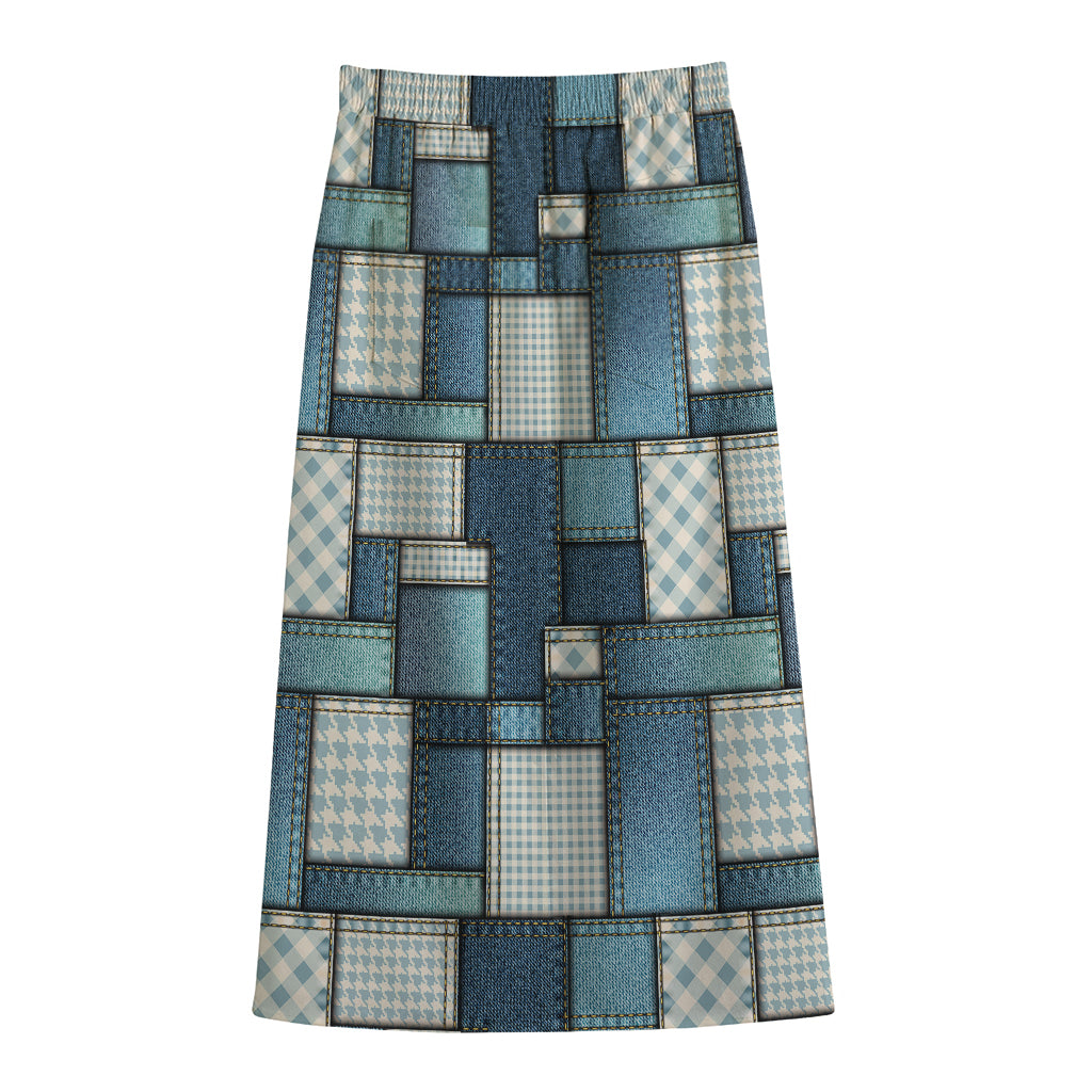 Plaid And Denim Patchwork Pattern Print Cotton Front Slit Maxi Skirt